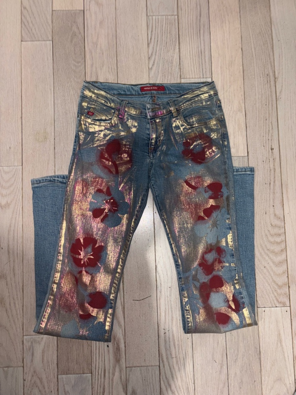 Miss Sixty Straight Leg Jeans with Gold Metallic and Red Floral Accents